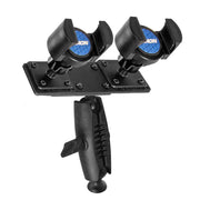 The TW Broadcaster Pro - Side-by-Side RoadVise® Tripod Mount securely holds two devices for live streaming on Facebook Live, featuring an adjustable clamp, textured grip handle, and versatile functionality as a dual phone or device mount.