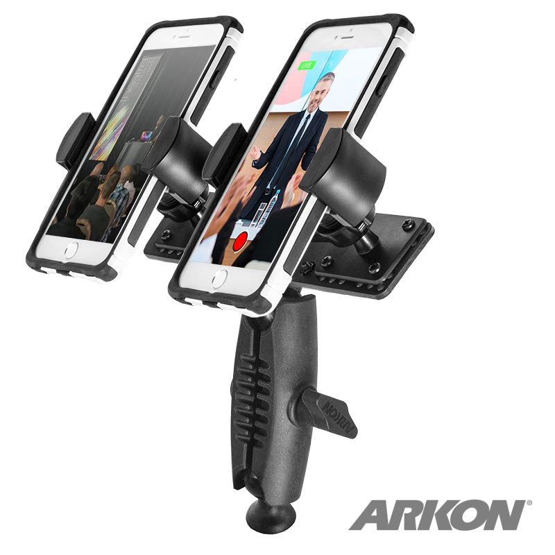 Two smartphones in cases are mounted side by side on the TW Broadcaster Pro RoadVise® Tripod Mount for Facebook Live streaming. The ARKON logo appears at bottom right. One phone shows a man presenting, perfect for social media broadcasting.
