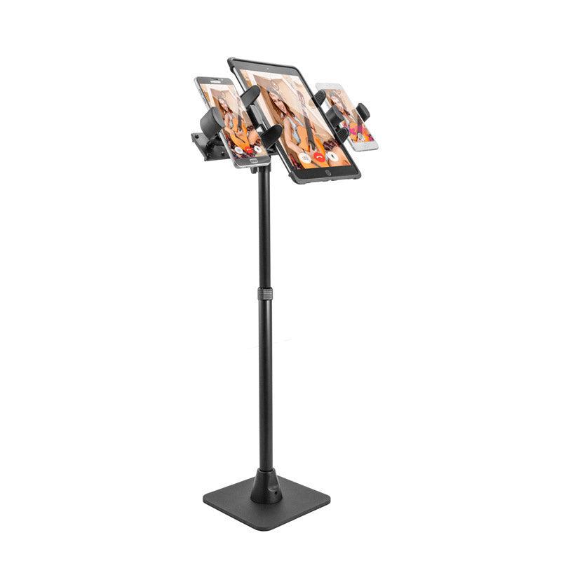 The TW Broadcaster TriStreamer Slim-Grip® Stand is a 29-inch countertop or desk mount with a sturdy square base, holding tablets and two phones securely—perfect for content creators and live streaming in any orientation.
