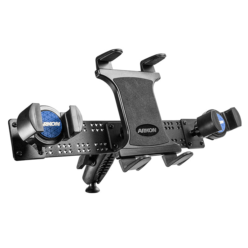 The TW Broadcaster TriStreamer Tripod Adapter for Slim-Grip® Tablet and Dual RoadVise® Phone securely holds your devices for live streaming. Shown in black with padded grips against a white background.