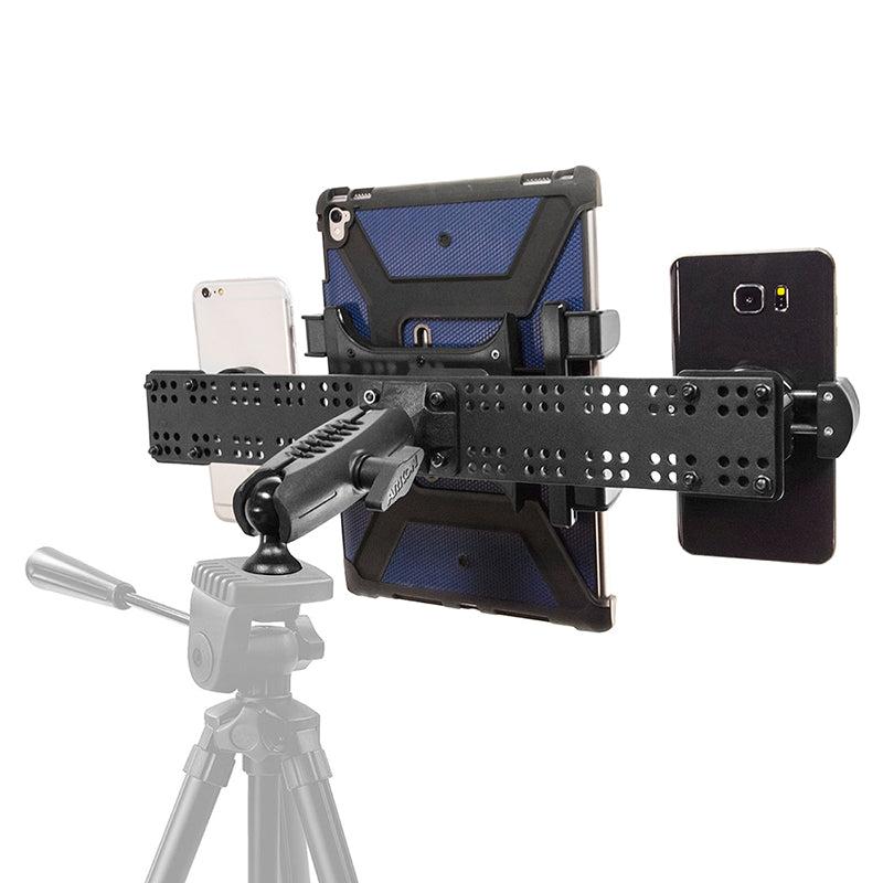 The TW Broadcaster TriStreamer Tripod Adapter for Slim-Grip® Tablet and Dual RoadVise® Phone enables an ideal dual live streaming setup, securely mounting a tablet and two phones on a black adjustable bracket attached to a tripod.