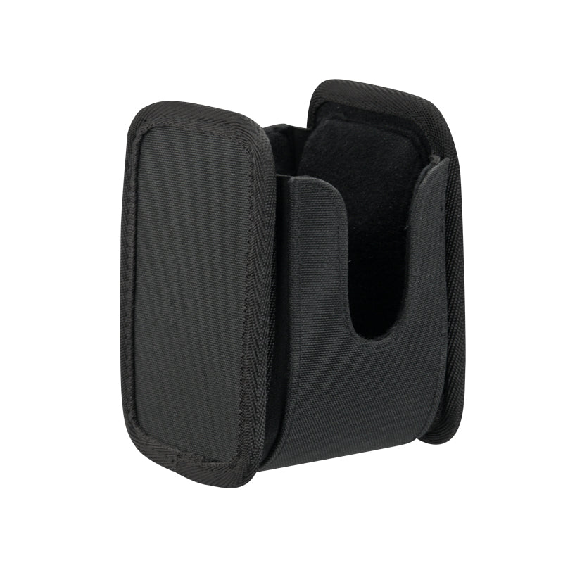 The Universal Barcode Scanner Holder is a black fabric pouch with an open top, side cutout, and 4-hole AMPS compatibility—ideal for securely holding your small device or tool.