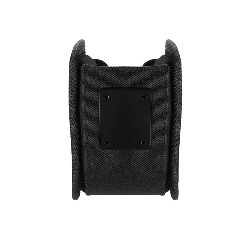 The Universal Barcode Scanner Holder is a black, textured, rectangular pouch with curved sides, a flat front plate, AMPS 4-hole compatibility, and is displayed on a white background.