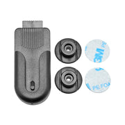 The Universal Belt Clip Holder for Smartphones, Cameras, Radios, and more includes a black plastic clip with a ridged top, three round black mounts, and three 3M adhesive pads displayed on a white background.