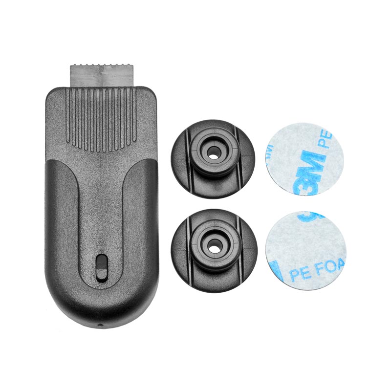 The Universal Belt Clip Holder for Smartphones, Cameras, Radios, and more includes a black plastic clip with a ridged top, three round black mounts, and three 3M adhesive pads displayed on a white background.
