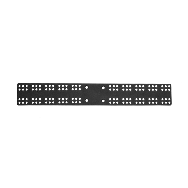 The Universal Equipment Mounting Plate - 13.75 x 2 is a black perforated metal strip with multiple rows of evenly spaced holes and two larger central holes, ideal for marine electronics or 4-Hole AMPS installations.