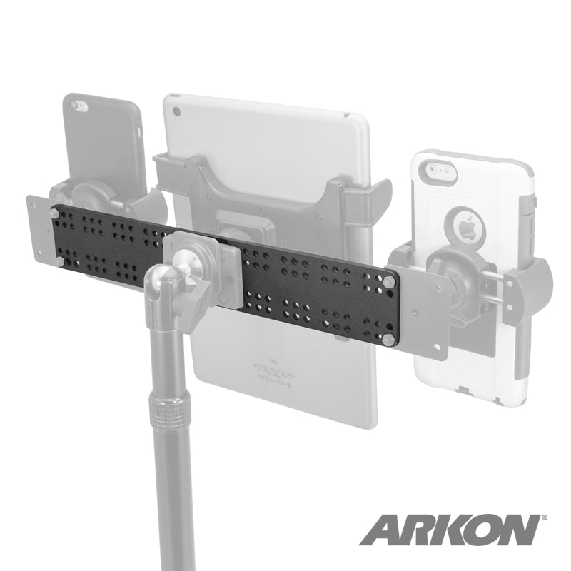 The Universal Equipment Mounting Plate - 13.75 x 2 secures two smartphones and a tablet in adjustable holders on a tripod stand, with the ARKON logo visible in the image’s bottom right corner.