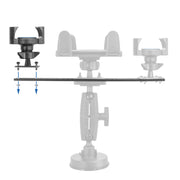 The Universal Equipment Mounting Plate - 13.75 x 2, featuring a black clamp with a 4-Hole AMPS pattern, attaches to flat horizontal surfaces. Blue arrows mark attachment points, with faded background images showing various clamp positions.