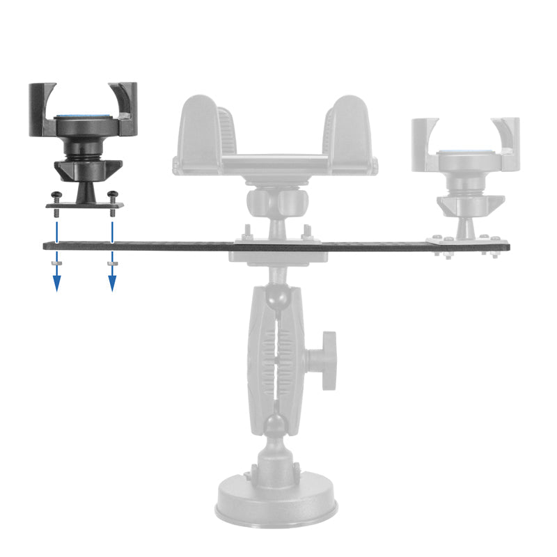 The Universal Equipment Mounting Plate - 13.75 x 2, featuring a black clamp with a 4-Hole AMPS pattern, attaches to flat horizontal surfaces. Blue arrows mark attachment points, with faded background images showing various clamp positions.