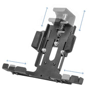 The LockVise™ Metal Locking Tablet Holder for iPads, Galaxy Tab, and LG G Pad features black padded clamps with bolts and is shown with blue arrows indicating its adjustable height and width for secure device placement.