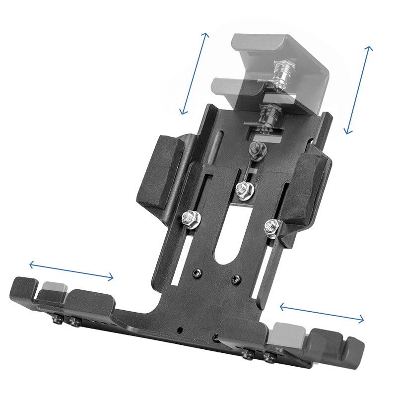 The LockVise™ Metal Locking Tablet Holder for iPads, Galaxy Tab, and LG G Pad features black padded clamps with bolts and is shown with blue arrows indicating its adjustable height and width for secure device placement.
