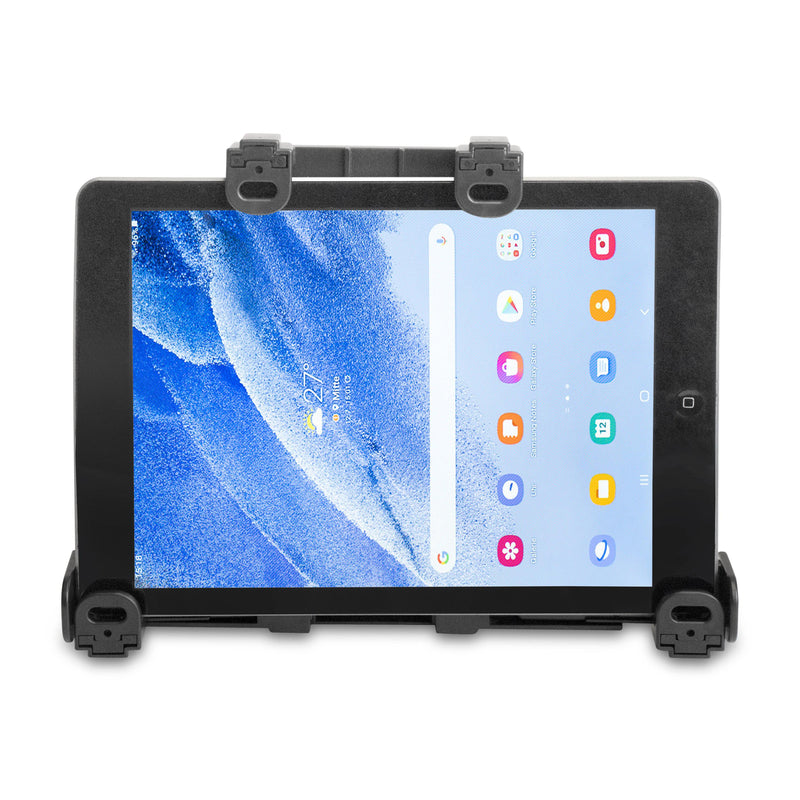 A black tablet with a blue and white wallpaper is secured in the LockVise™ Locking Tablet Holder. The screen shows various app icons and a weather widget.