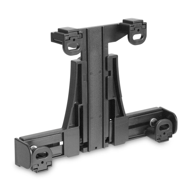 The LockVise™ Locking Tablet Holder is a black adjustable plastic stand with sliding components and locking mechanisms to securely hold your tablet in place.