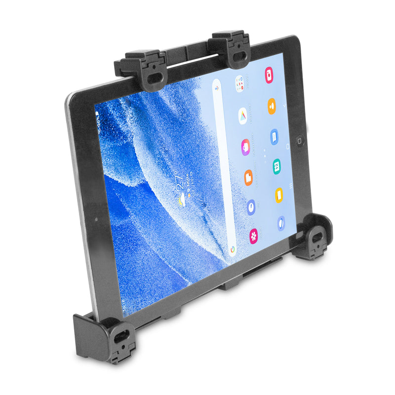 A tablet displaying various app icons is held upright in the LockVise™ Locking Tablet Holder, featuring secure clips on each corner and showing a blue and white wallpaper on its screen.