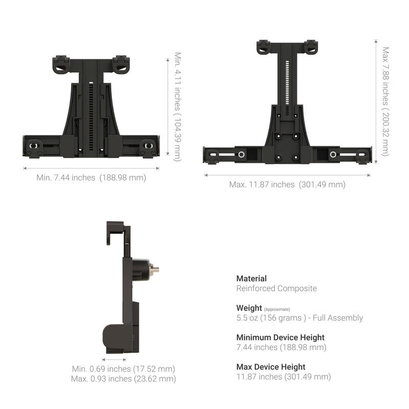 Diagram of the LockVise™ Locking Tablet Holder with labeled dimensions: adjustable height (4.11–7.88), width (7.44–11.87), depth (0.69–0.93); weight 5.5 oz; features a reinforced, secure universal mount for tablets.
