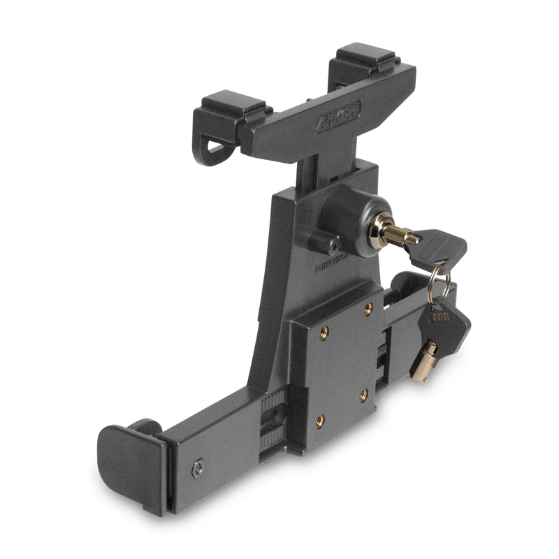 The LockVise™ Locking Tablet Holder is a black, adjustable holder with a mounted key lock and two keys, designed to securely hold and lock your tablet in place—ideal for multiple applications.