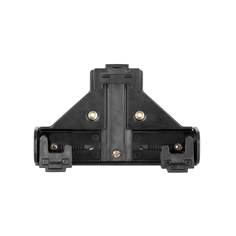 Black plastic and metal T-shaped LockVise™ Universal Locking Phone Holder with Key Lock, featuring mounting holes, visible screws, and connectors. Symmetrical design photographed against a white background.