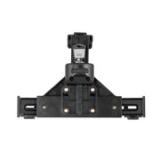 Black roof rack mounting bracket with adjustable arms and a central locking mechanism, shown with the LockVise™ Universal Locking Phone Holder with Key Lock, displayed against a white background.