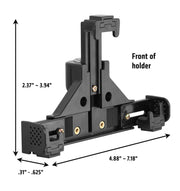 LockVise™ Universal Locking Phone Holder with Key Lock, adjustable black plastic design (height: 2.37–3.94, width: 4.88–7.18, depth: 0.31–0.625), marked front, visible screws—ideal as a Forklift Phone Mount.