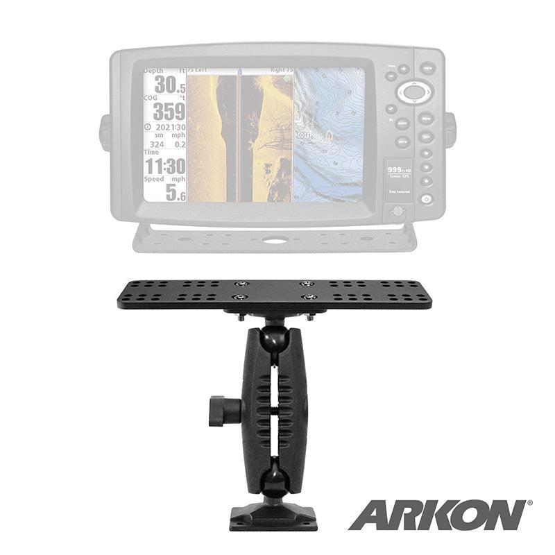 The Universal Marine Electronic Fishfinder Mount, shown in black with a 4-hole AMPS base, is displayed against a white background with a faded fishfinder device behind it. The Arkon logo appears in the bottom right corner.