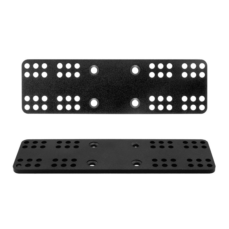 Two black rectangular metal plates, Universal Marine Electronic Fishfinder Splitter Bar Mounting Plates, each with multiple evenly spaced holes and a 4-Hole AMPS pattern, shown in top and angled views on a white background.