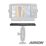 The Universal Marine Electronic Fishfinder Splitter Bar Mounting Plate, in black with a 4-Hole AMPS pattern on an adjustable base, is shown with a faded fishfinder screen and the Arkon APEQUIP logo in the background.