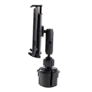 The Universal Push-Button Tablet Cup Holder Mount, shown from the side in black, securely holds a smartphone upright with its adjustable clamp and fits into your car’s cup holder with a stable base.