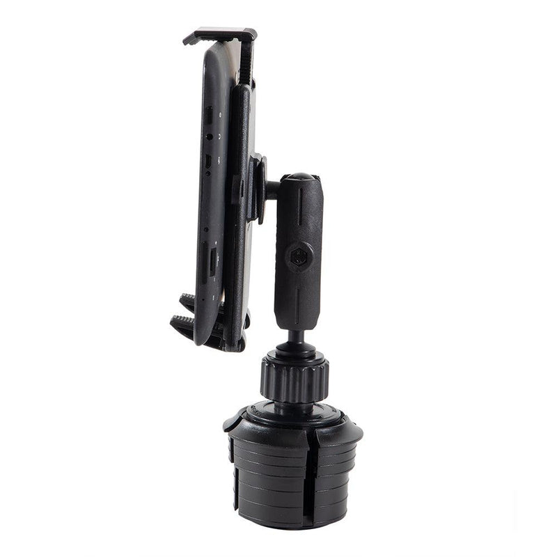 The Universal Push-Button Tablet Cup Holder Mount, shown from the side in black, securely holds a smartphone upright with its adjustable clamp and fits into your car’s cup holder with a stable base.