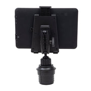 The Universal Push-Button Tablet Cup Holder Mount, shown from the back against a white background, features a black adjustable arm and securely fits in your car’s cup holder for convenient tablet use.