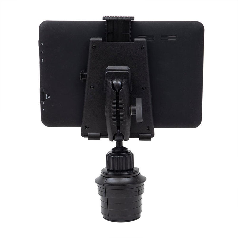 The Universal Push-Button Tablet Cup Holder Mount, shown from the back against a white background, features a black adjustable arm and securely fits in your car’s cup holder for convenient tablet use.