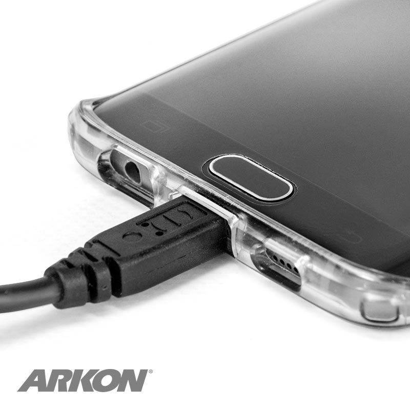 Close-up of a smartphone in a clear case being charged with the USB to Micro USB Cable for Android Smartphones and Other Devices. The ARKON logo is visible in the lower left corner.