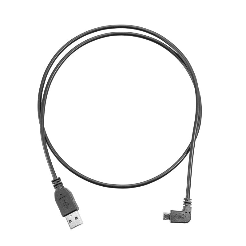 The USB to Micro USB Charge and Data Cable with 90-Degree Angle Connector for Android Phones features a black cable with a standard USB Type-A and a right-angle micro USB connector, arranged circularly on a white background.