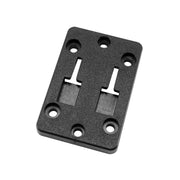 The Vertical Female Dual T-Slot to 4-Hole AMPS Adapter is a black plastic mounting plate with five screw holes and dual rectangular cutouts, perfect for quick-release setups. Displayed on a white background.