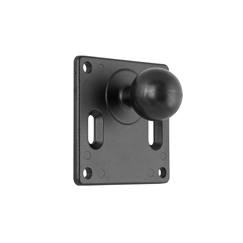 The VESA 75 to 38mm (1.5 inch) Ball Adapter Plate is a black marine-grade aluminum wall mount bracket with a central round knob, four corner screw holes, and two vertical slots for adjustable installation.