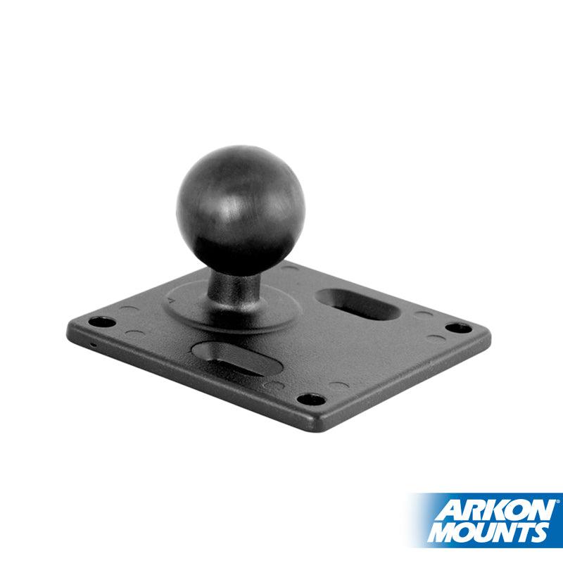 The VESA 75 to 38mm (1.5 inch) Ball Adapter Plate is a black rectangular marine-grade aluminum plate with a central 38mm ball mount for device attachment and features the Arkon Mounts logo in the lower right corner.
