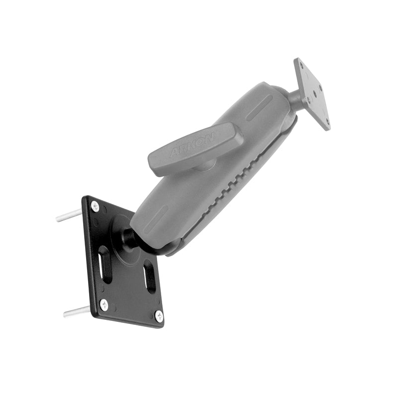 The VESA 75 to 38mm (1.5 inch) Ball Adapter Plate is a gray adjustable mounting arm with a handle, featuring black rectangular adapter plates and metal pins, made from marine-grade aluminum for secure device or equipment attachment.