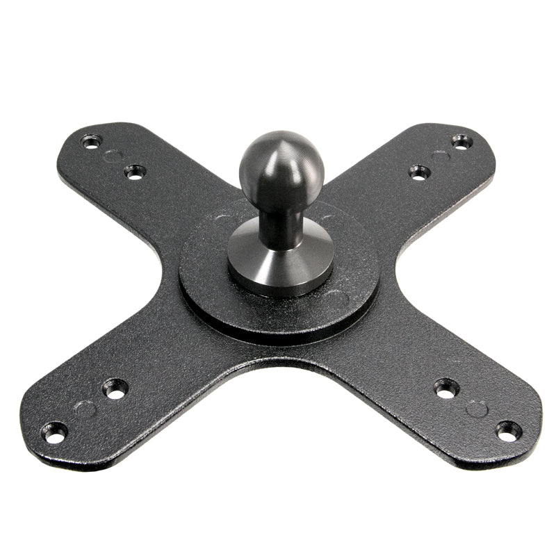 The VESA 75 / VESA 100 to 20mm Ball Mount Bracket Adapter is a black metal X-shaped plate with a central 20mm ball mount and multiple holes for screws or bolts, perfect as a VESA mount adapter for your monitor bracket setup.
