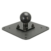 The VESA 75 / VESA 100 to 38mm (1.5 inch) Ball Mount Adapter Plate is a black metal plate with a central round ball hitch, secured by four bolts, ideal for attaching accessories or equipment using the VESA mounting standard.