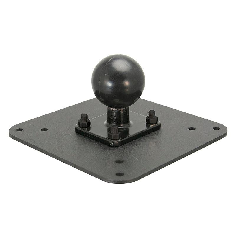 The VESA 75 / VESA 100 to 38mm (1.5 inch) Ball Mount Adapter Plate is a black metal plate with a central round ball hitch, secured by four bolts, ideal for attaching accessories or equipment using the VESA mounting standard.
