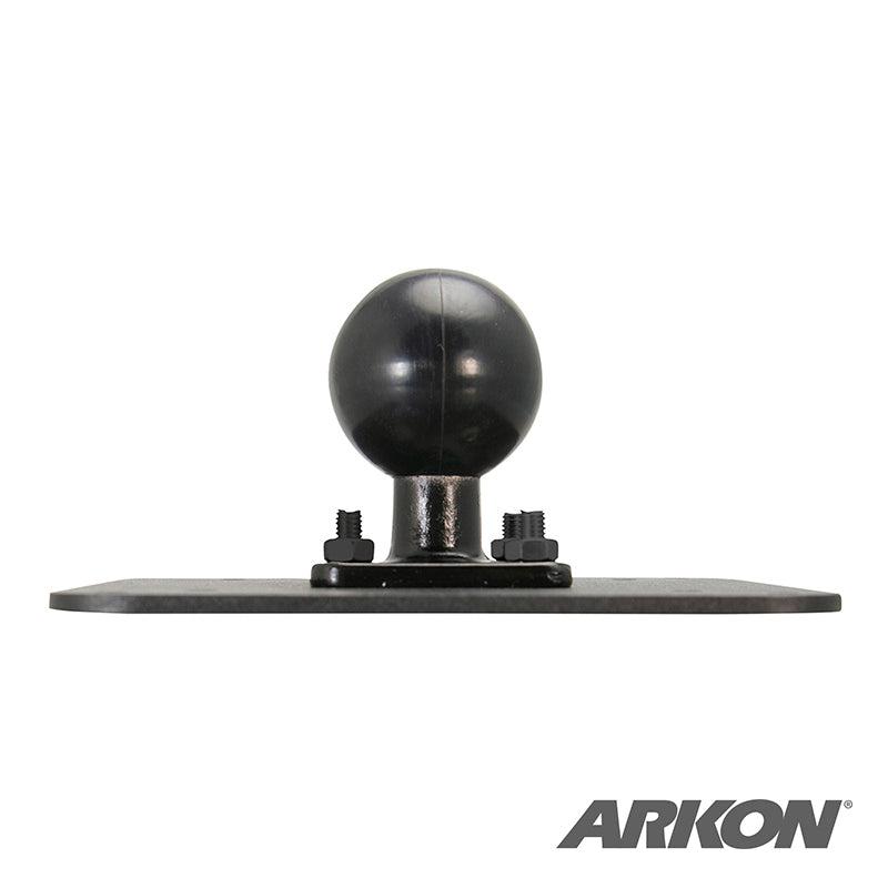The ARKON VESA 75 / VESA 100 to 38mm (1.5 inch) Ball Mount Adapter Plate is shown with a black mounting base, compatible 38mm ball mount, two screws, and the ARKON logo in the bottom right corner.