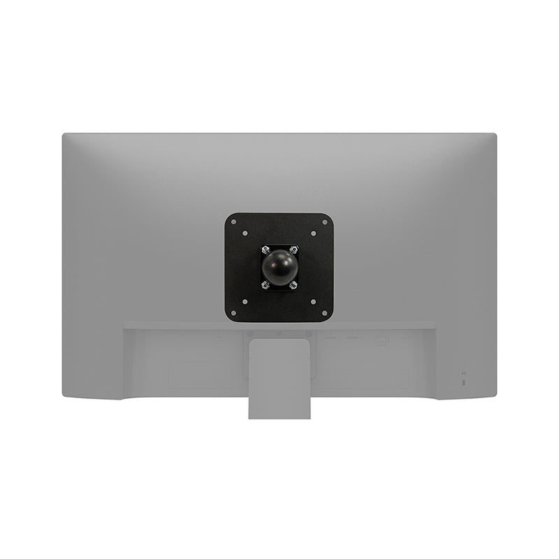 A rear view of a monitor displays the VESA 75 / VESA 100 to 38mm (1.5 inch) Ball Mount Adapter Plate securely attached, enabling compatibility with a variety of ball mount plates for versatile mounting options.