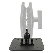 The VESA 75 / VESA 100 to 38mm (1.5 inch) Ball Mount Adapter Plate is shown in black metal, side view, with an adjustable ball compatible mount and a semi-transparent gray arm highlighting its monitor plate position.