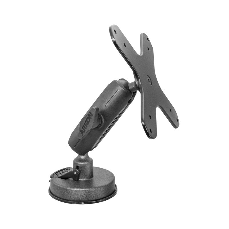 The VESA 75/VESA 100 Heavy-Duty Windshield Suction Mount features a black, adjustable arm and VESA-compatible plate for easy screen attachment, offering tilt and rotation for versatile monitor or TV mounting.