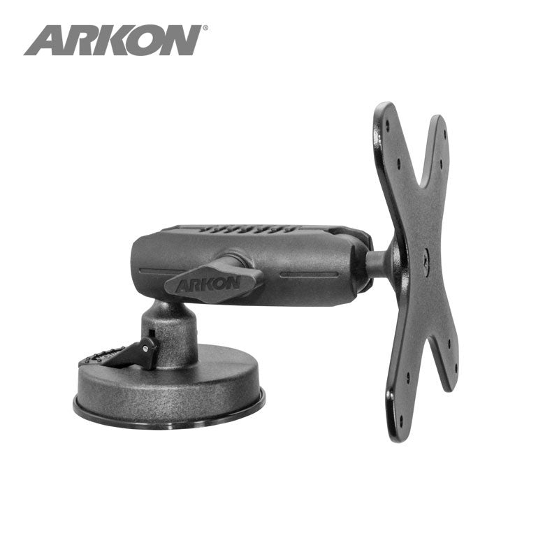 The VESA 75/VESA 100 Heavy-Duty Windshield Suction Mount, shown on a white background, features an adjustable arm and VESA-compatible X-shaped plate, making it ideal for use as a tablet holder.