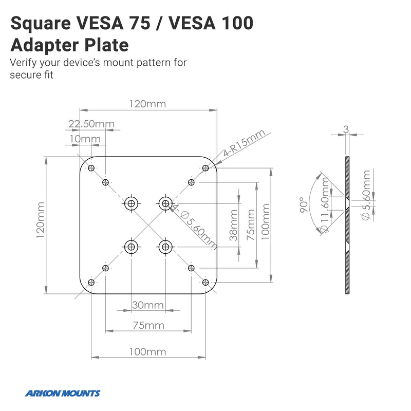 Technical drawing of the VESA Mount with Forklift Overhead Guard Mount and 8.5 Metal Shaft showing square VESA 75/100 adapter plate, side view dimensions, mounting hole distances, and Arkon Mounts logo at top and bottom. Heavy duty design.