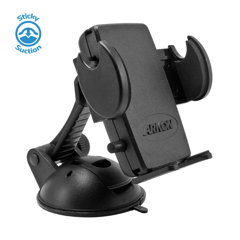 The Windshield or Dash Car Mega Grip™ Phone Holder Mount securely holds iPhone, Galaxy, and Note devices with adjustable arms and a suction cup base. Features ARIKON branding and the Sticky Suction logo. Ideal for universal in-car phone mounting.