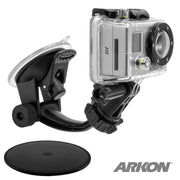 The GoPro HERO Action Camera Holder with Suction Mount and Adhesive Disk is shown in a clear protective case, attached to a black suction mount on a white background with the ARKON logo in the corner.