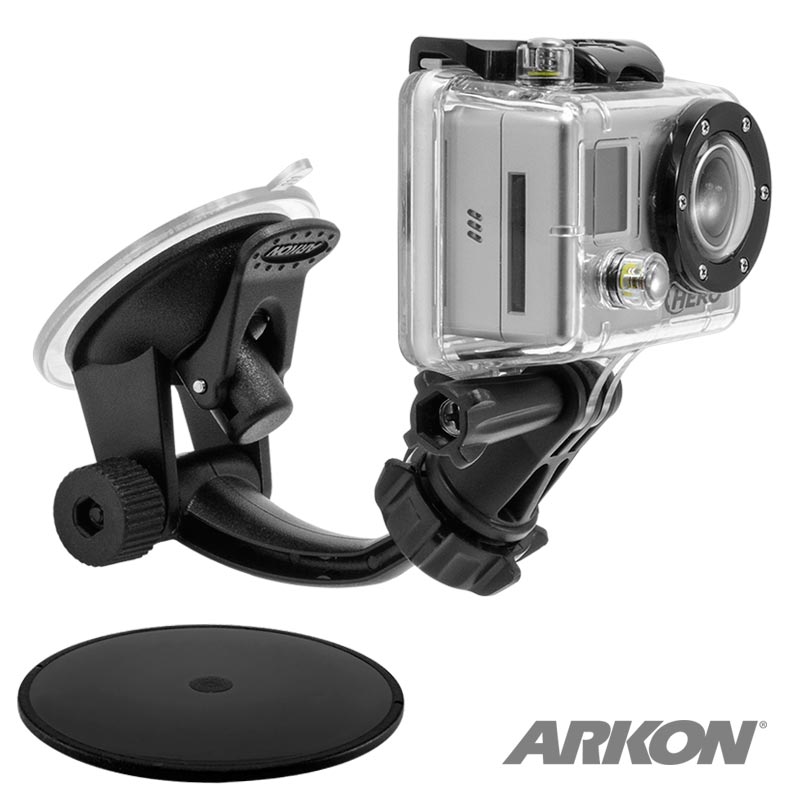 The GoPro HERO Action Camera Holder with Suction Mount and Adhesive Disk is shown in a clear protective case, attached to a black suction mount on a white background with the ARKON logo in the corner.