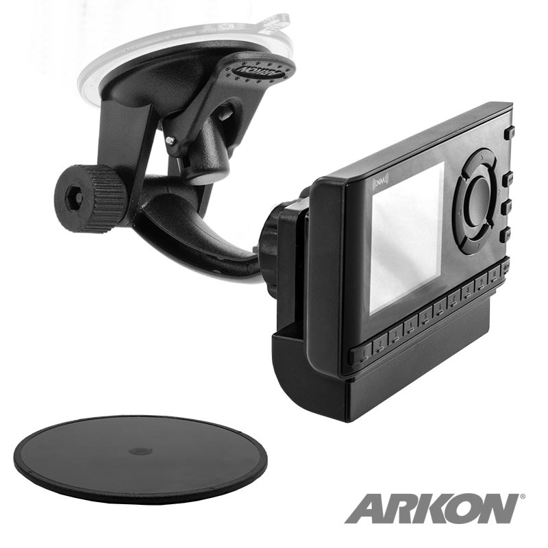 The Windshield or Dash Car Mount for XM and Sirius Satellite Radio, in black, features an adjustable suction mount with a separate round adhesive disc. The ARKON brand name is shown in the bottom right corner.