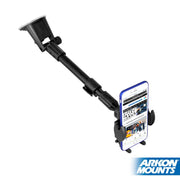 The Windshield Suction Car Mega Grip™ Phone Mount is a black adjustable phone holder with an extendable arm and suction cup, securely holding a smartphone displaying a website. The “ARKON MOUNTS” logo appears in the lower right corner.